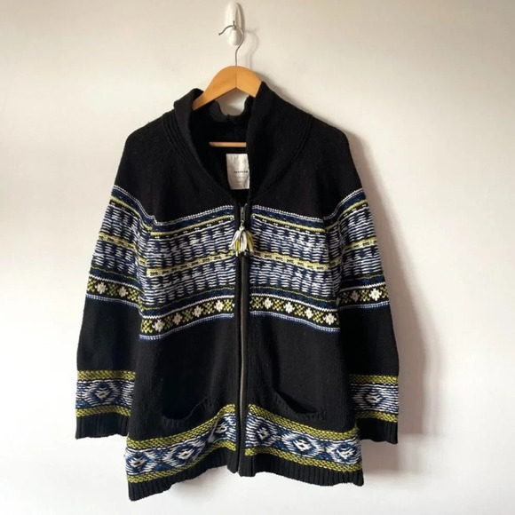 Anthropologie Sparrow Batley Fairisle Black Multi Cardigan Sweater Coat Medium - Picture 4 of 8